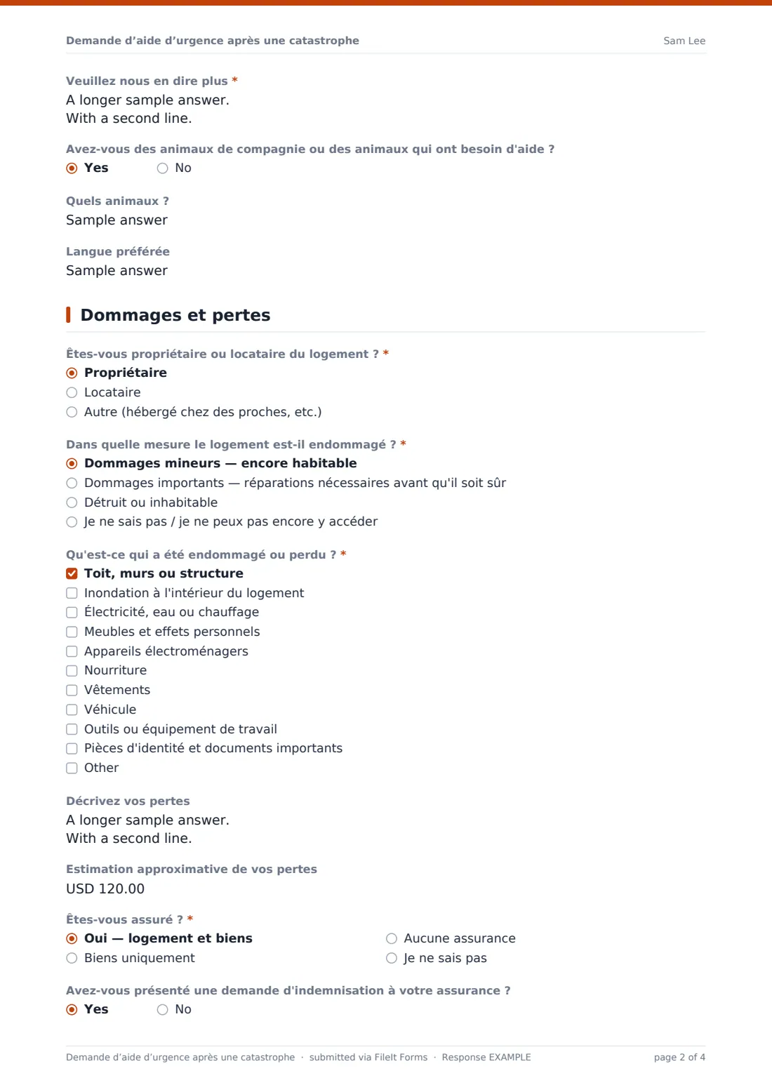 Demande d’aide d’urgence après une catastrophe — exemple de réponse au format PDF, page 2 sur 4