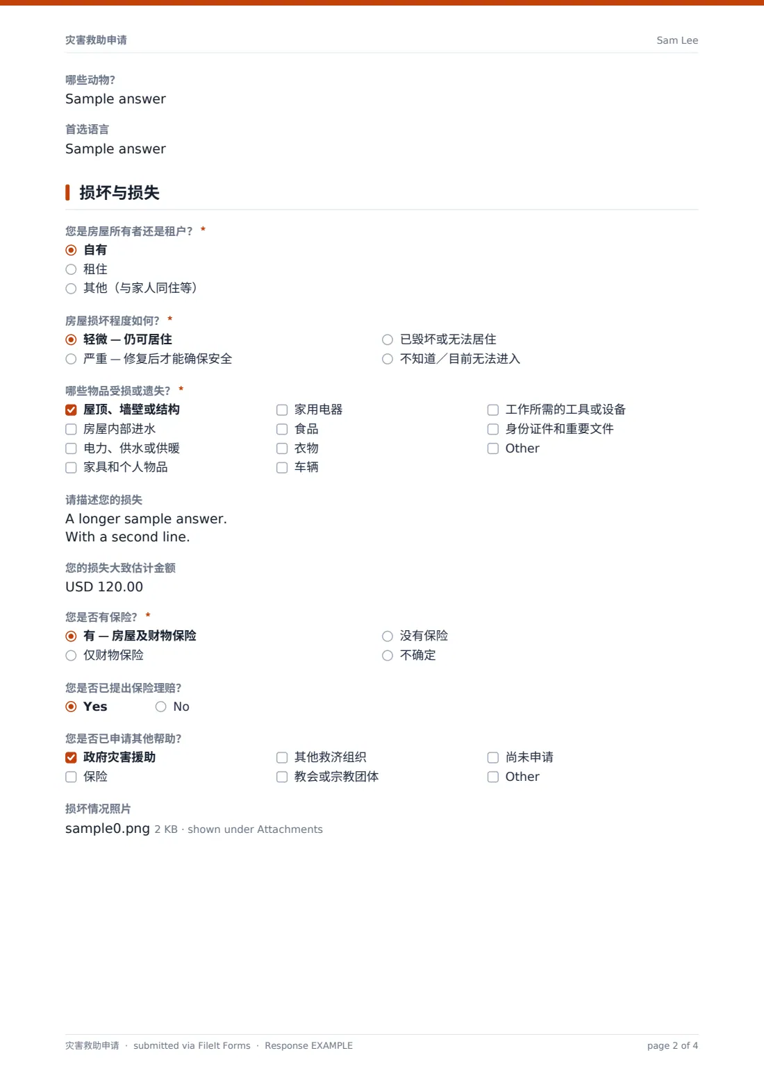 灾害救助申请 — 示例回复 PDF，第 2 页，共 4 页