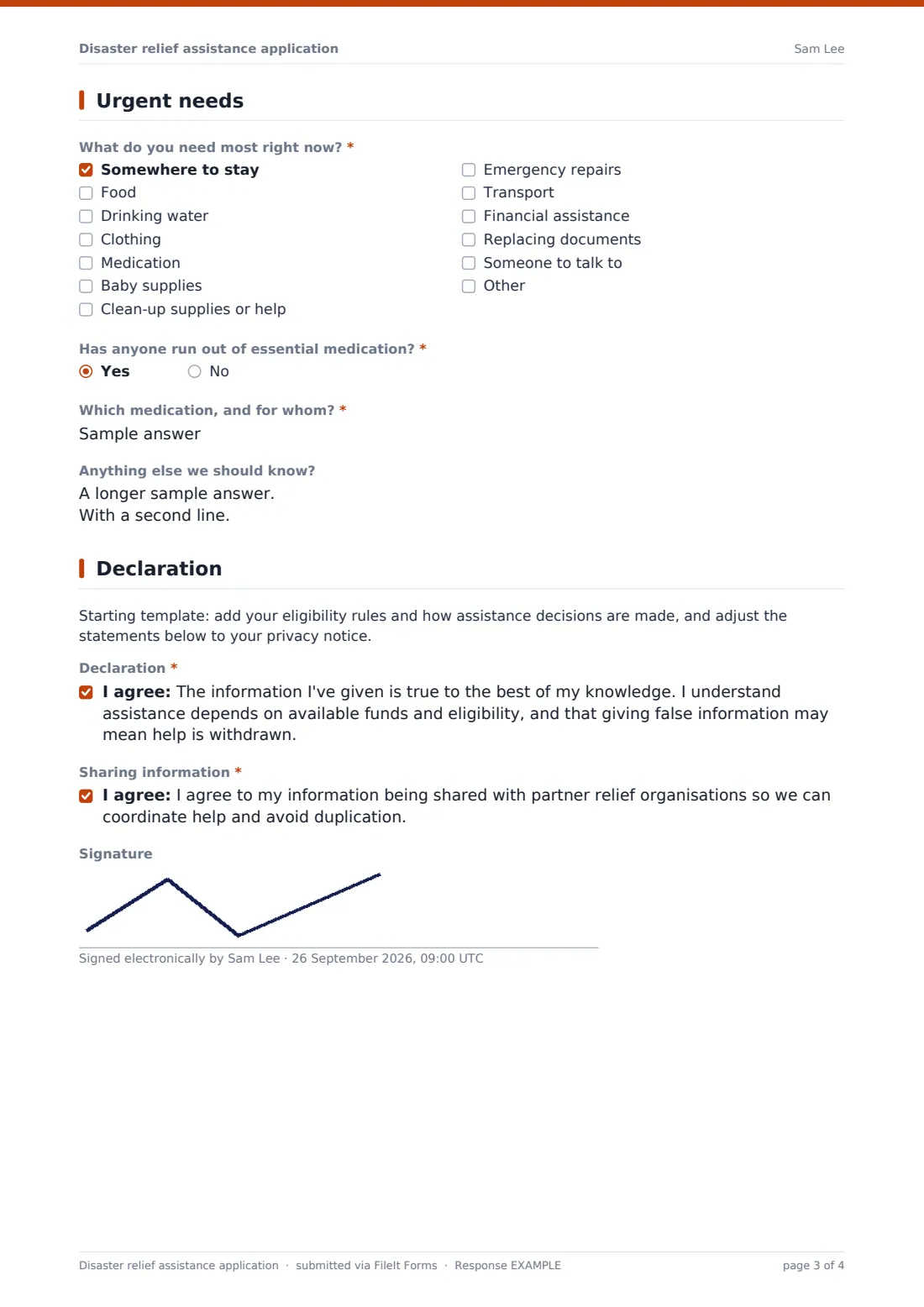Disaster relief assistance application — example response PDF, page 3 of 4