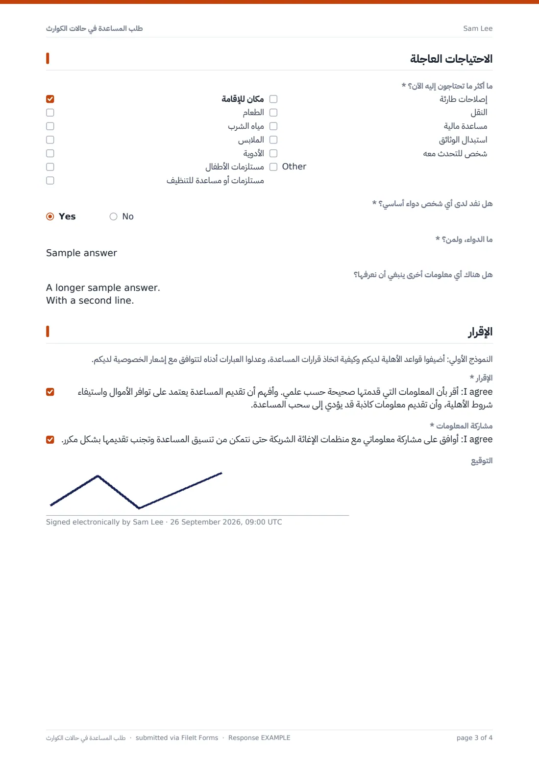 طلب المساعدة في حالات الكوارث — ملف PDF لرد نموذجي، الصفحة 3 من 4