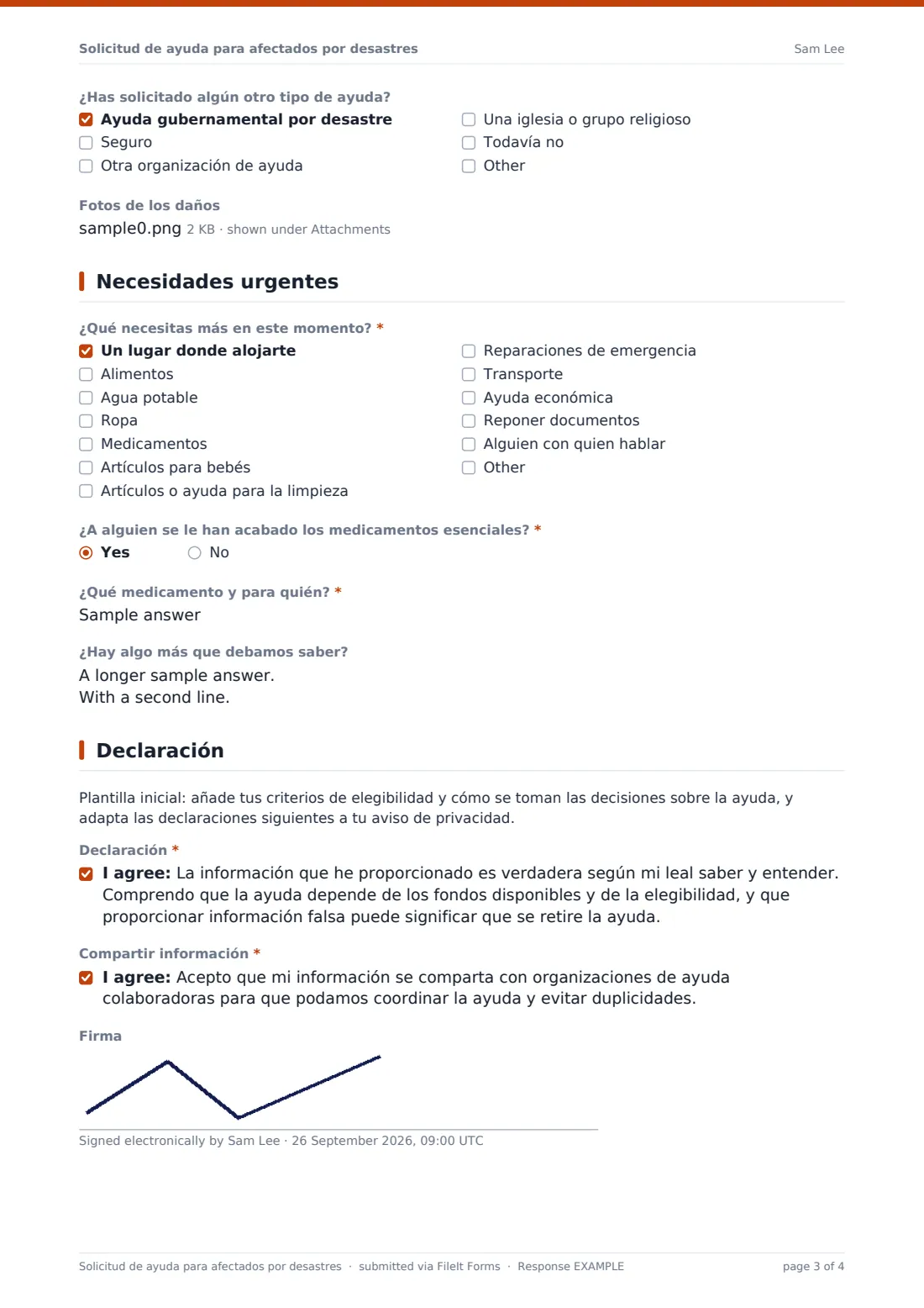Solicitud de ayuda para afectados por desastres — PDF de respuesta de ejemplo, página 3 de 4