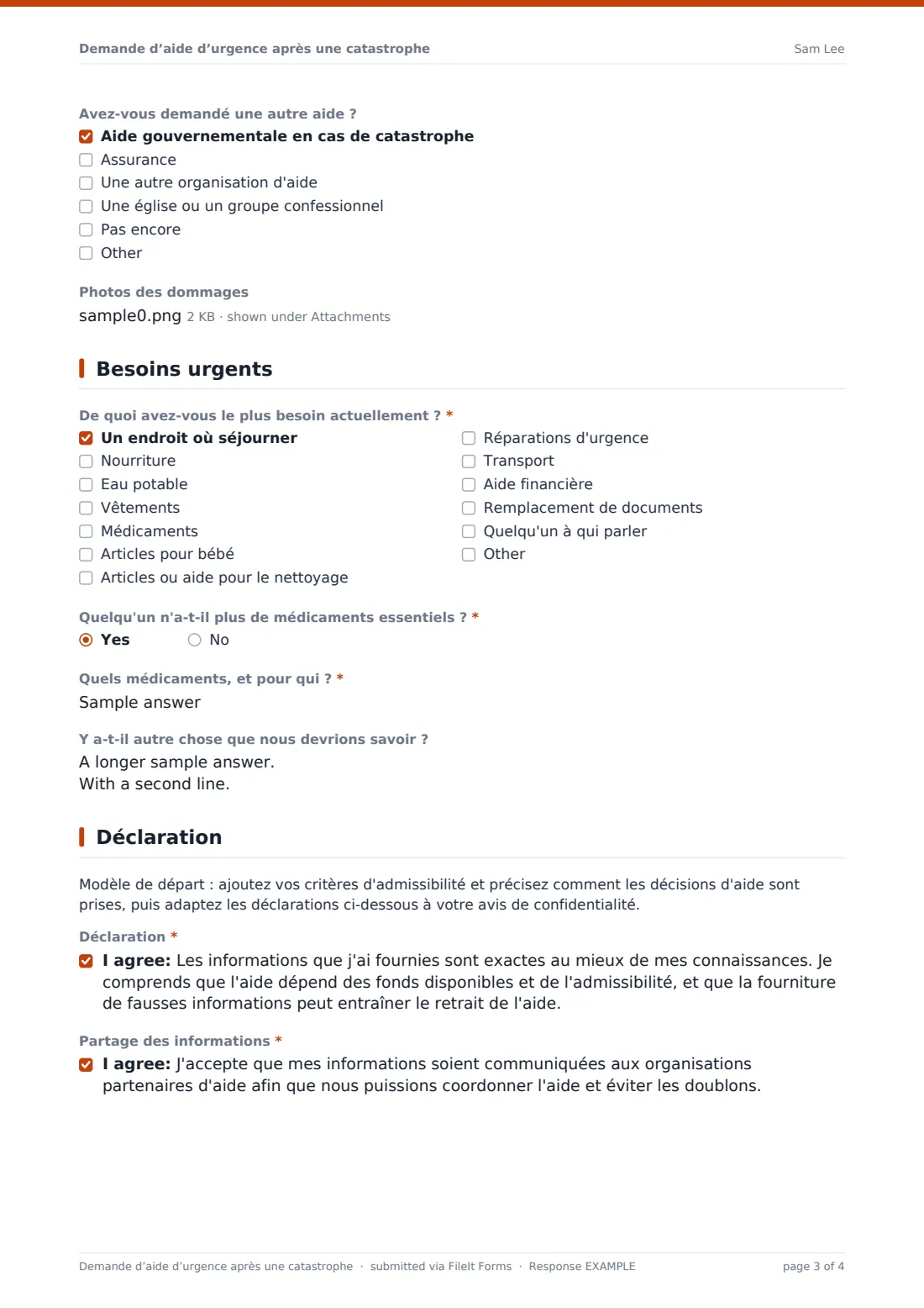 Demande d’aide d’urgence après une catastrophe — exemple de réponse au format PDF, page 3 sur 4