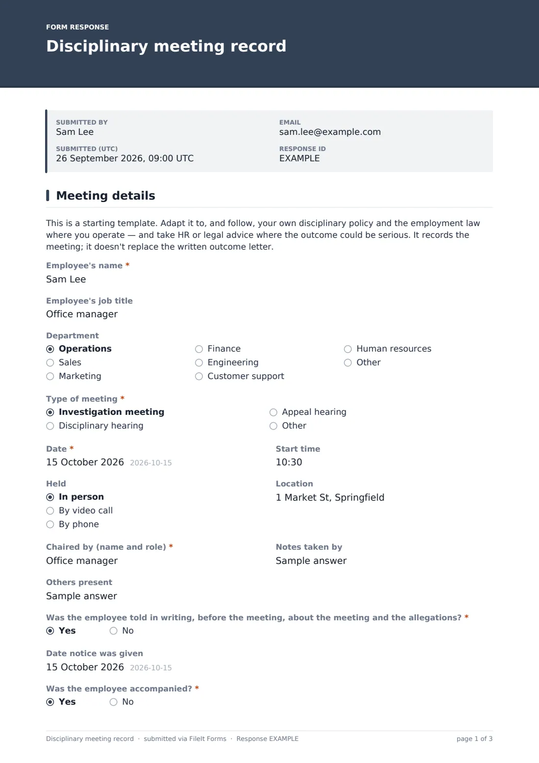Disciplinary meeting record — example response PDF, page 1 of 3