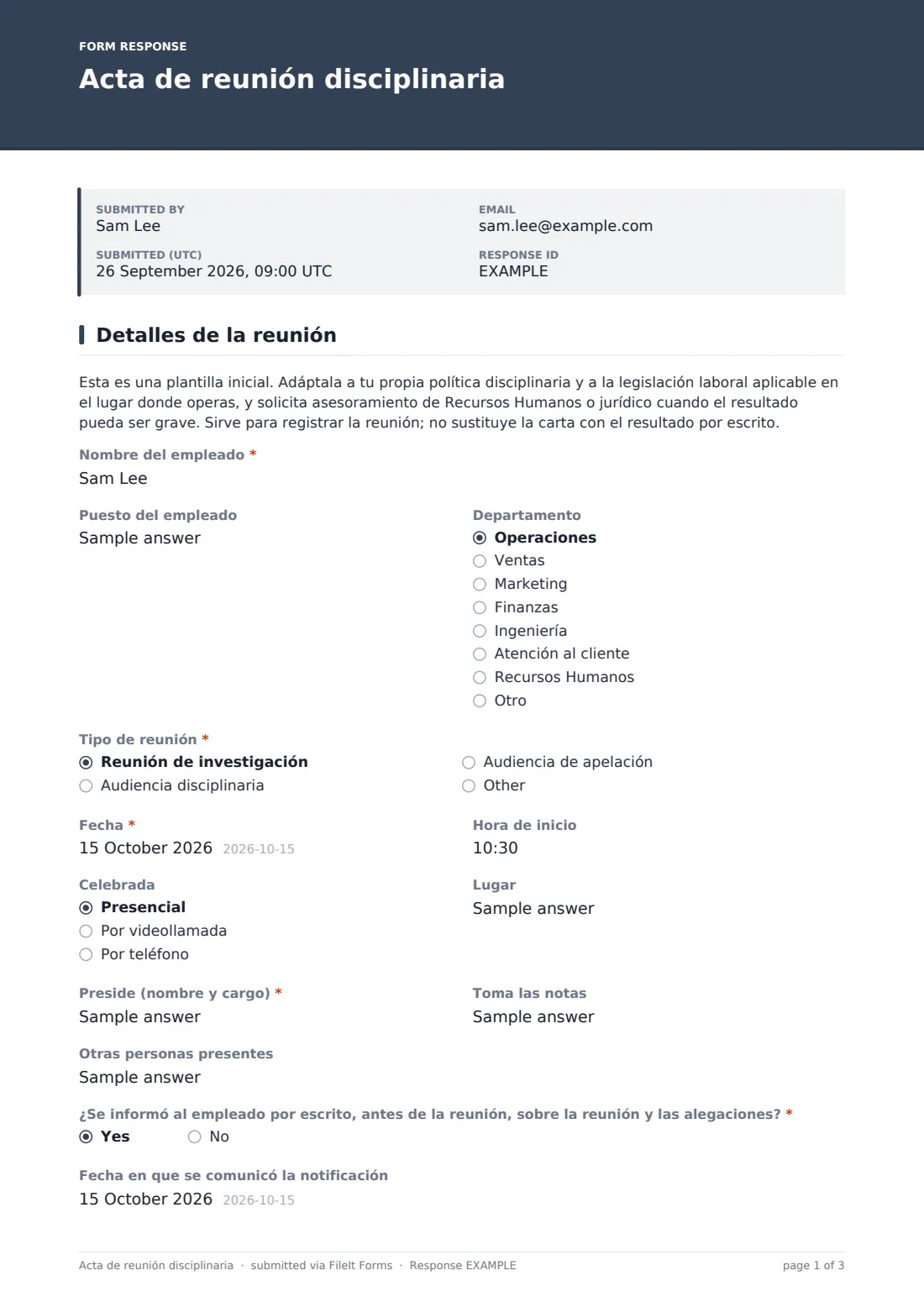 Acta de reunión disciplinaria — PDF de respuesta de ejemplo, página 1 de 3