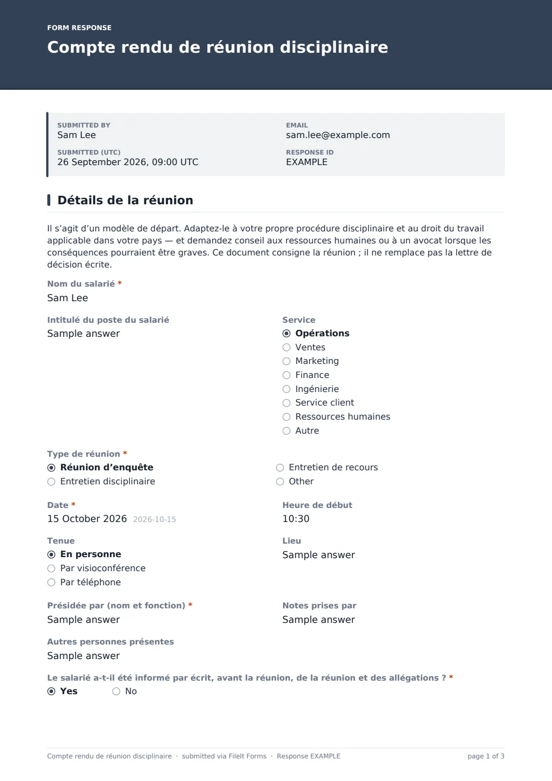 Compte rendu de réunion disciplinaire — exemple de réponse au format PDF, page 1 sur 3