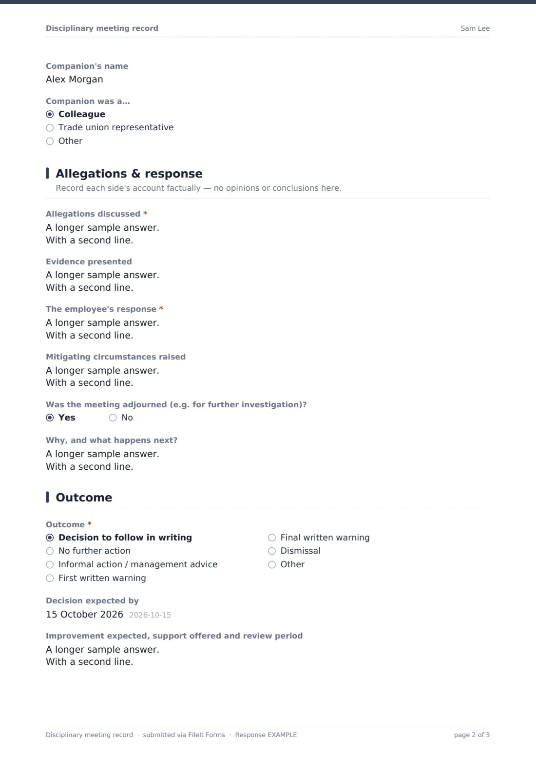 Disciplinary meeting record — example response PDF, page 2 of 3