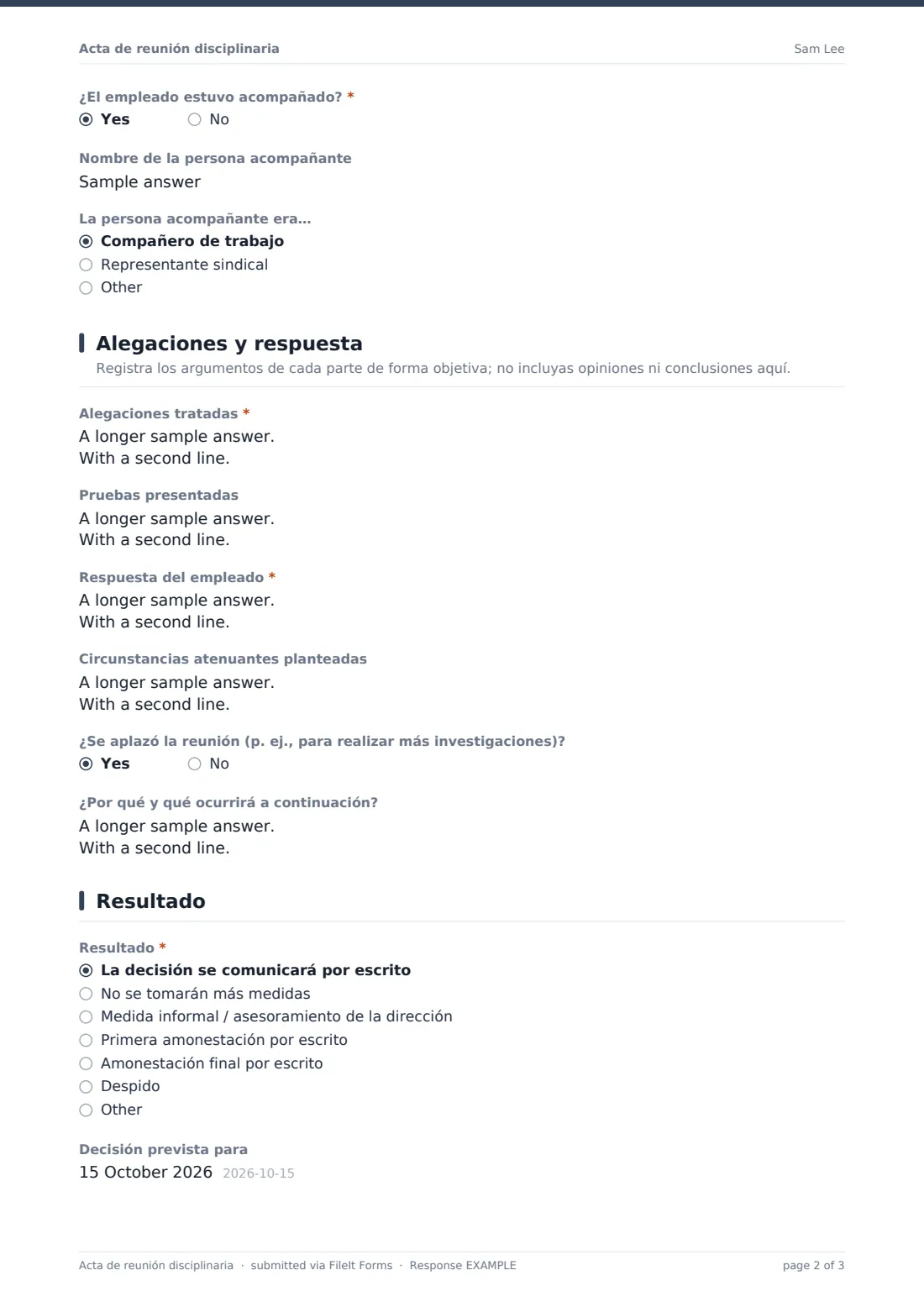 Acta de reunión disciplinaria — PDF de respuesta de ejemplo, página 2 de 3