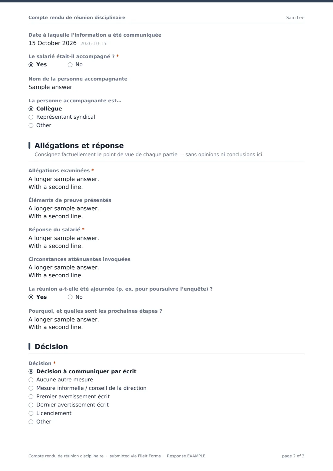 Compte rendu de réunion disciplinaire — exemple de réponse au format PDF, page 2 sur 3