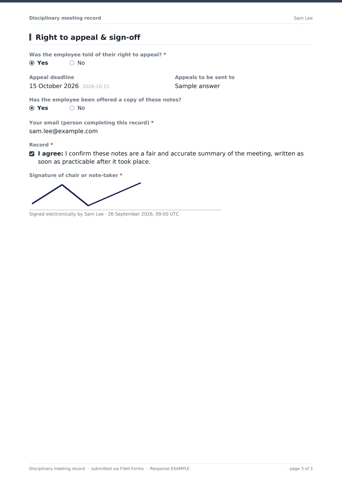Disciplinary meeting record — example response PDF, page 3 of 3