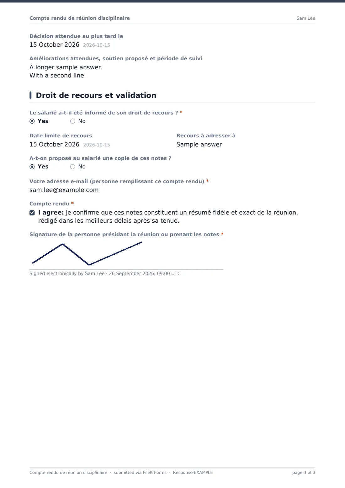 Compte rendu de réunion disciplinaire — exemple de réponse au format PDF, page 3 sur 3