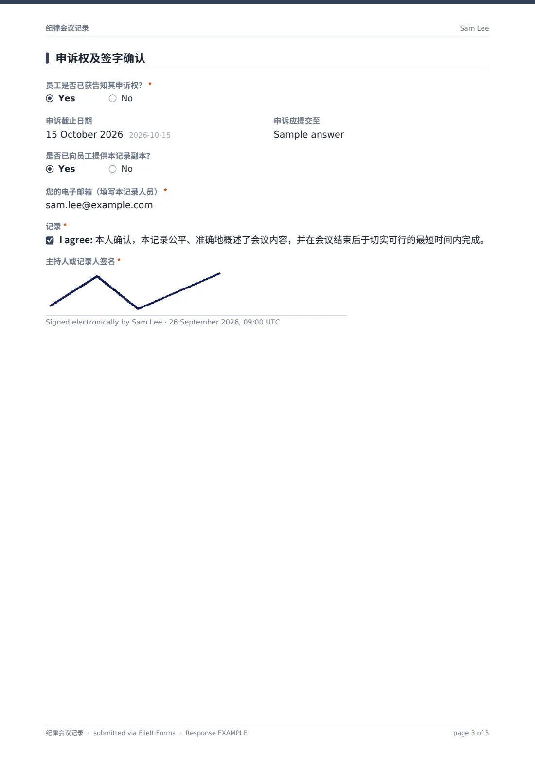 纪律会议记录 — 示例回复 PDF，第 3 页，共 3 页