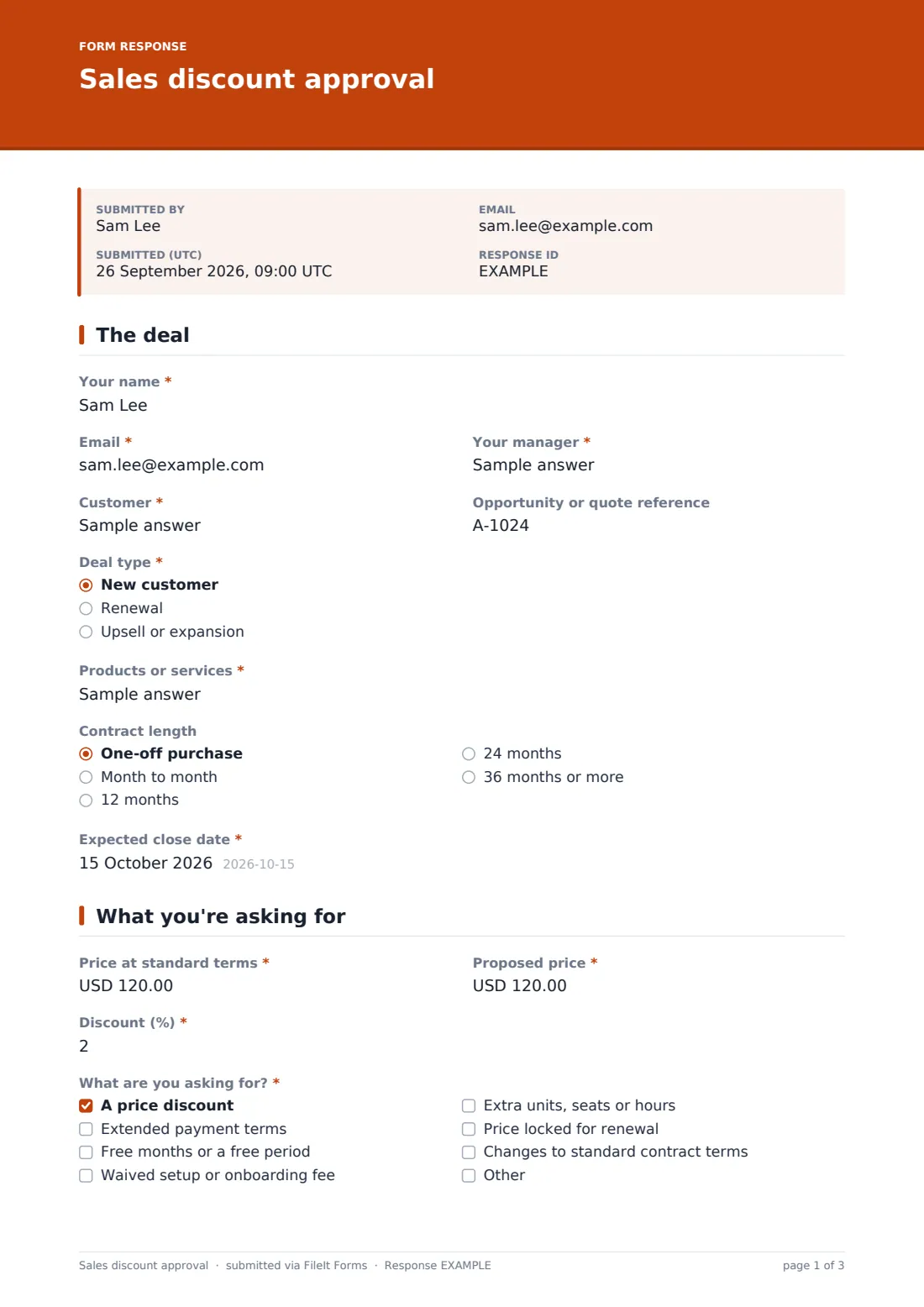 Sales discount approval — example response PDF, page 1 of 3