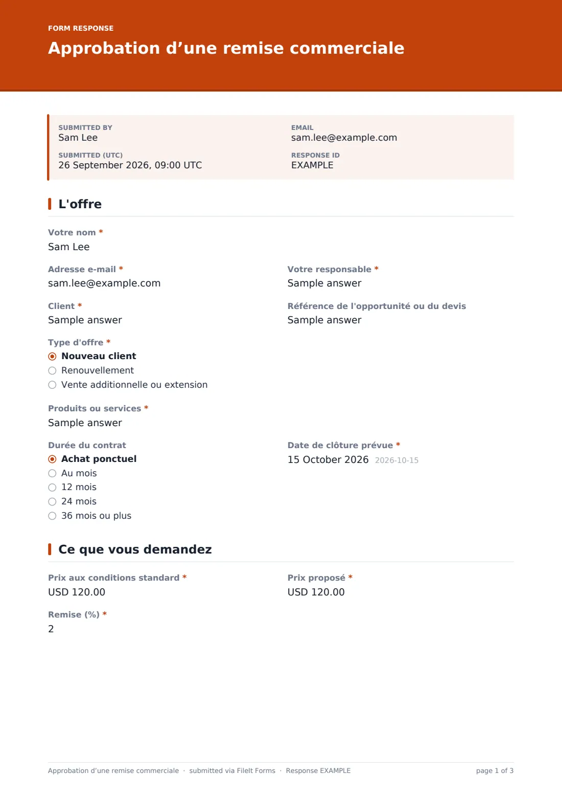 Approbation d’une remise commerciale — exemple de réponse au format PDF, page 1 sur 3