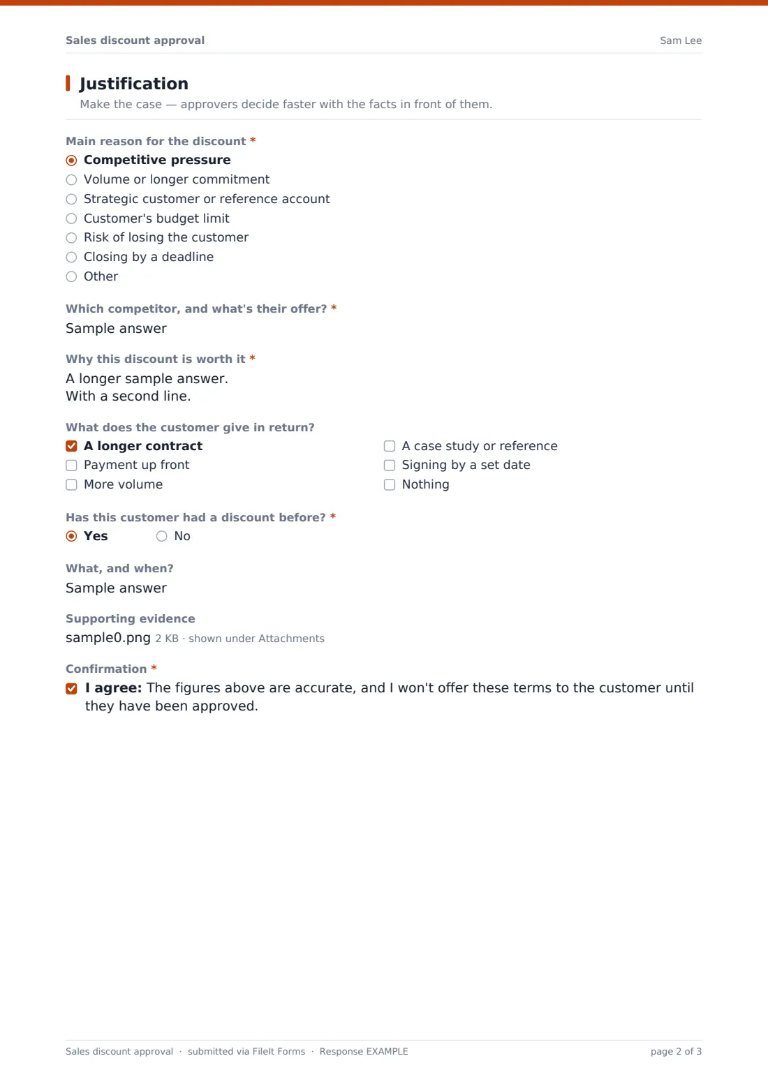 Sales discount approval — example response PDF, page 2 of 3