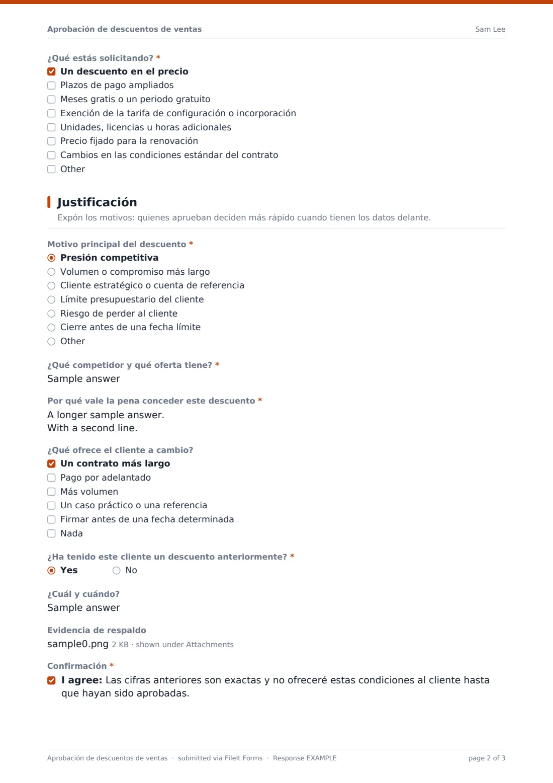 Aprobación de descuentos de ventas — PDF de respuesta de ejemplo, página 2 de 3