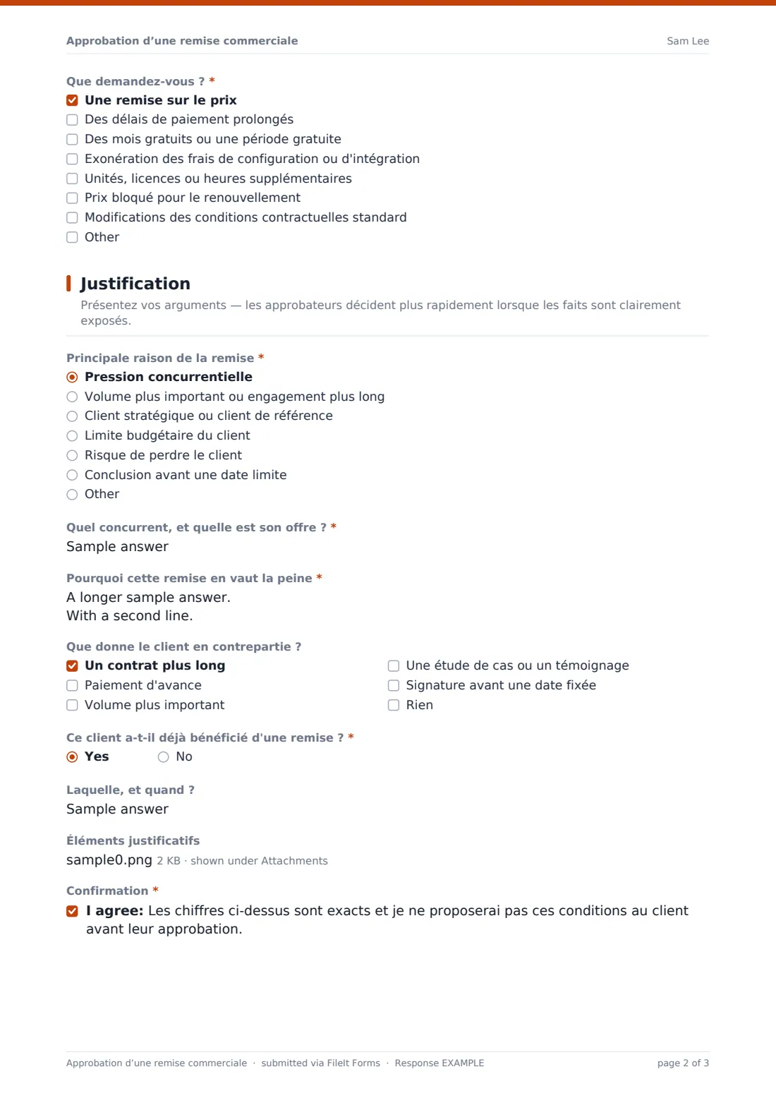 Approbation d’une remise commerciale — exemple de réponse au format PDF, page 2 sur 3