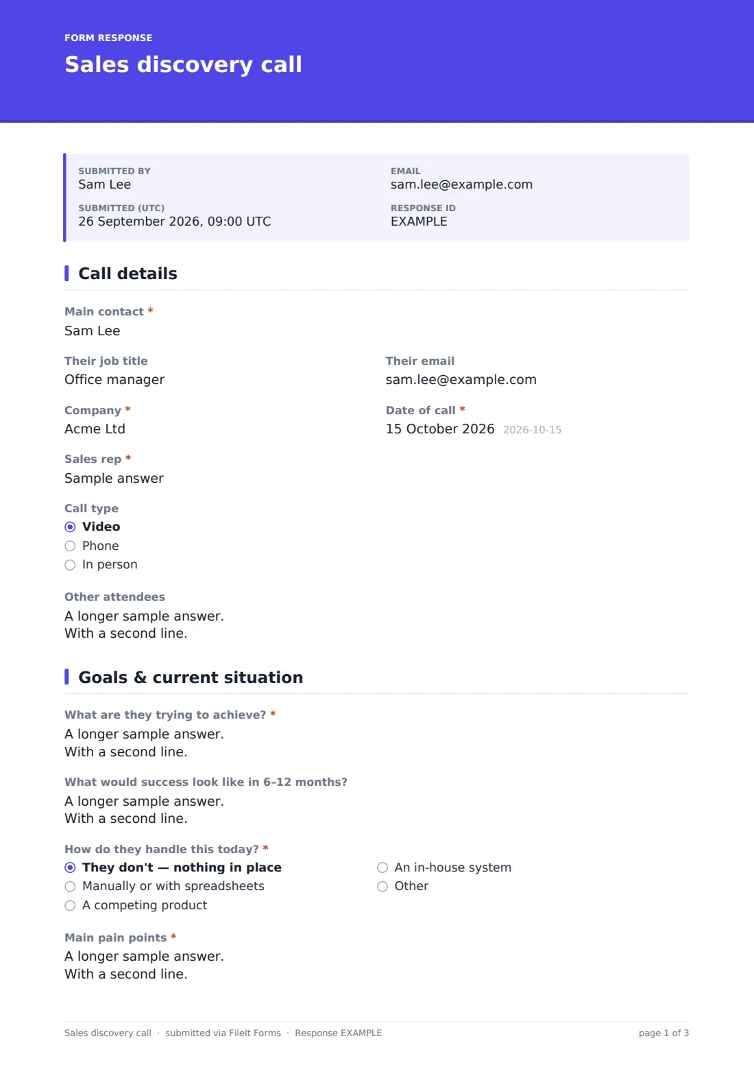 Sales discovery call — example response PDF, page 1 of 3