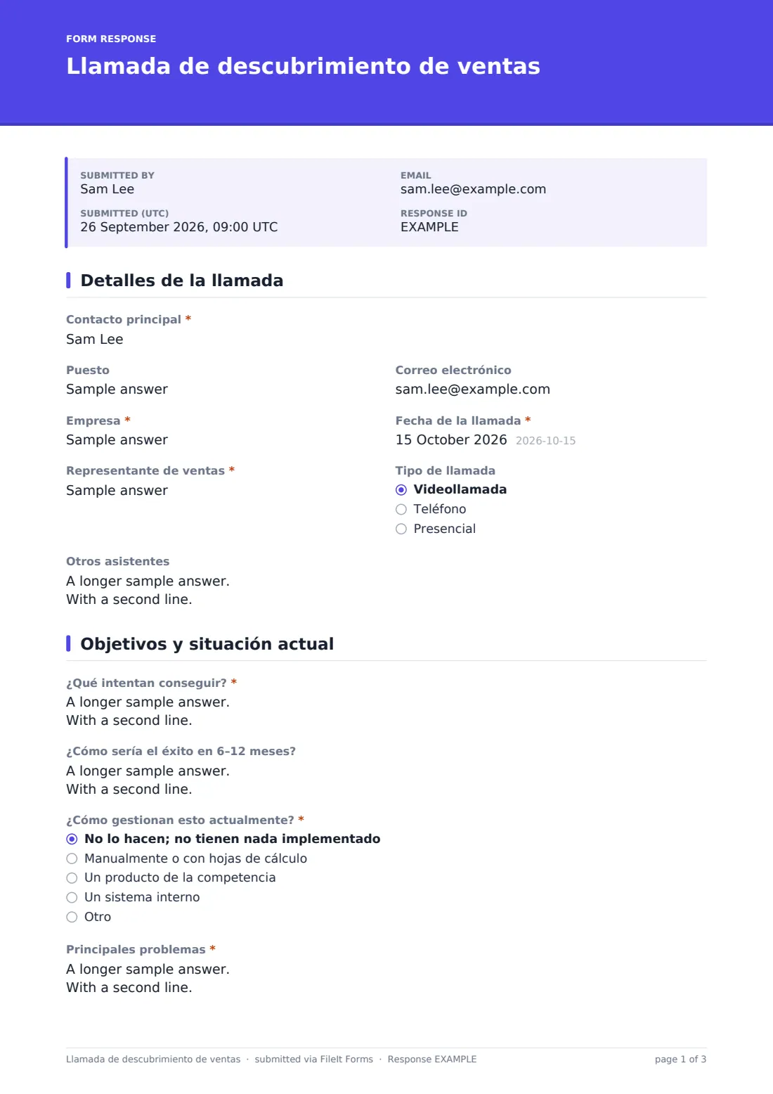 Llamada de descubrimiento de ventas — PDF de respuesta de ejemplo, página 1 de 3