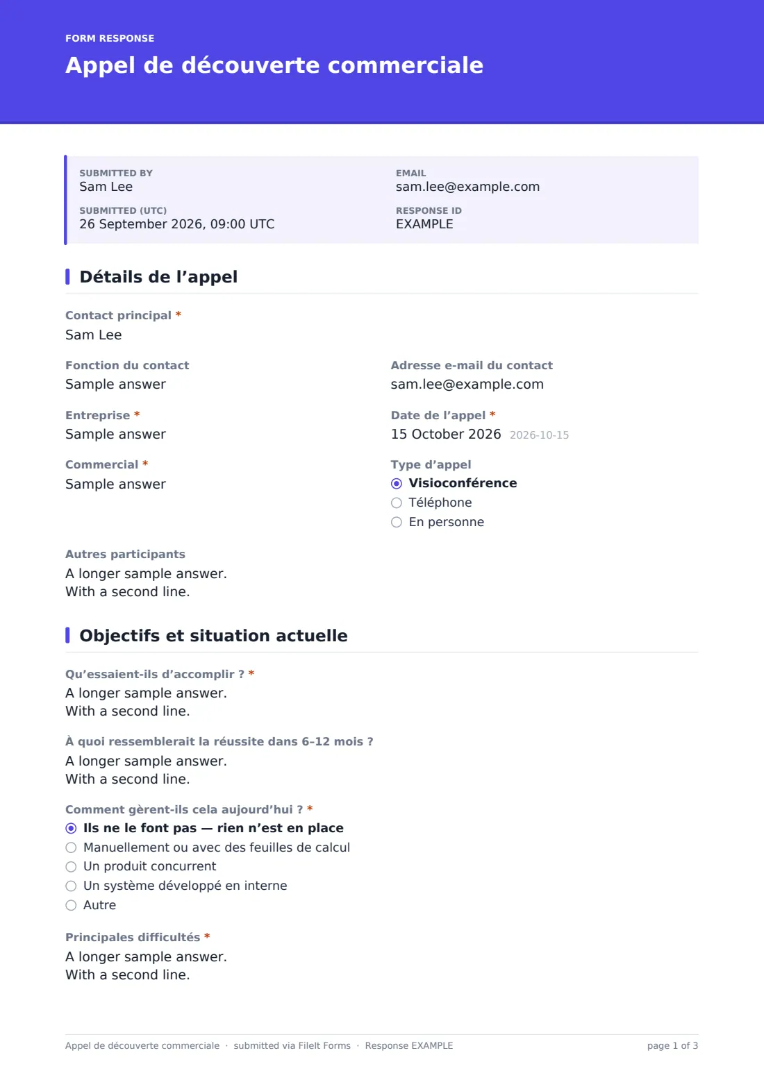 Appel de découverte commerciale — exemple de réponse au format PDF, page 1 sur 3