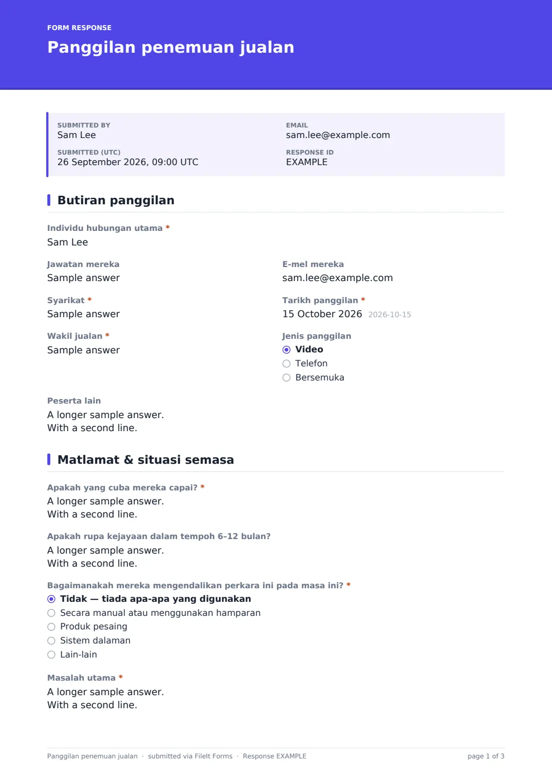 Panggilan penemuan jualan — PDF respons contoh, halaman 1 daripada 3