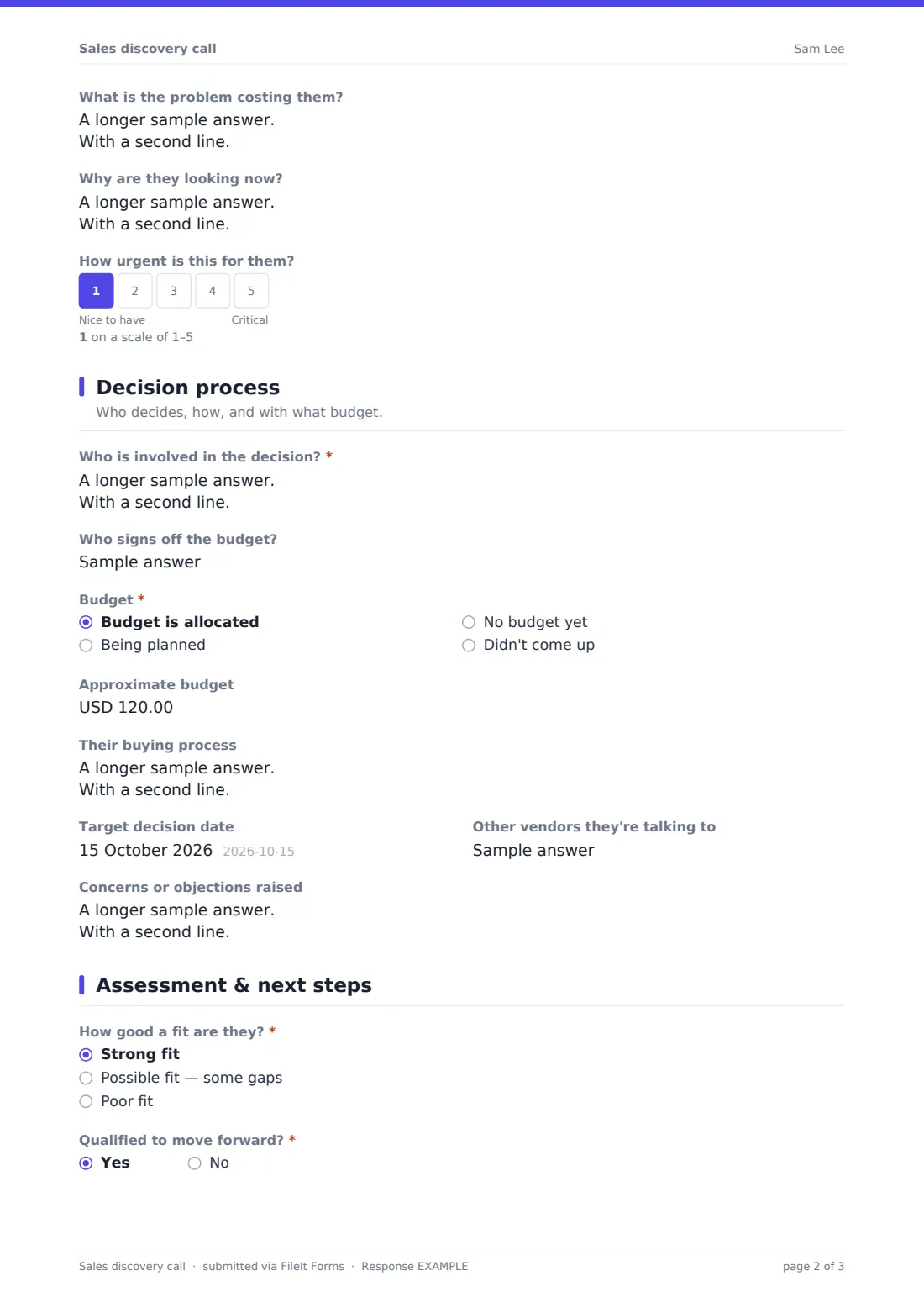 Sales discovery call — example response PDF, page 2 of 3