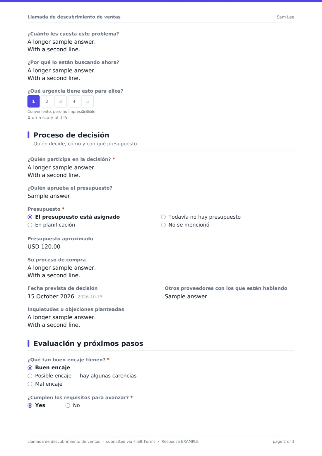 Llamada de descubrimiento de ventas — PDF de respuesta de ejemplo, página 2 de 3