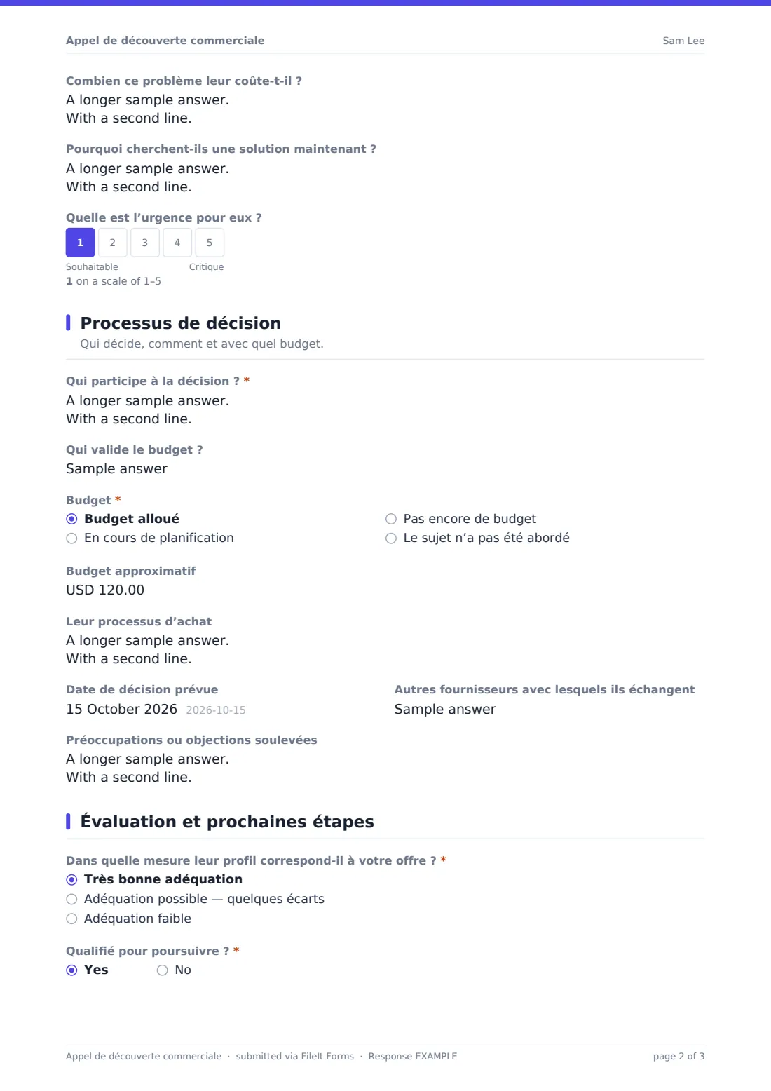 Appel de découverte commerciale — exemple de réponse au format PDF, page 2 sur 3