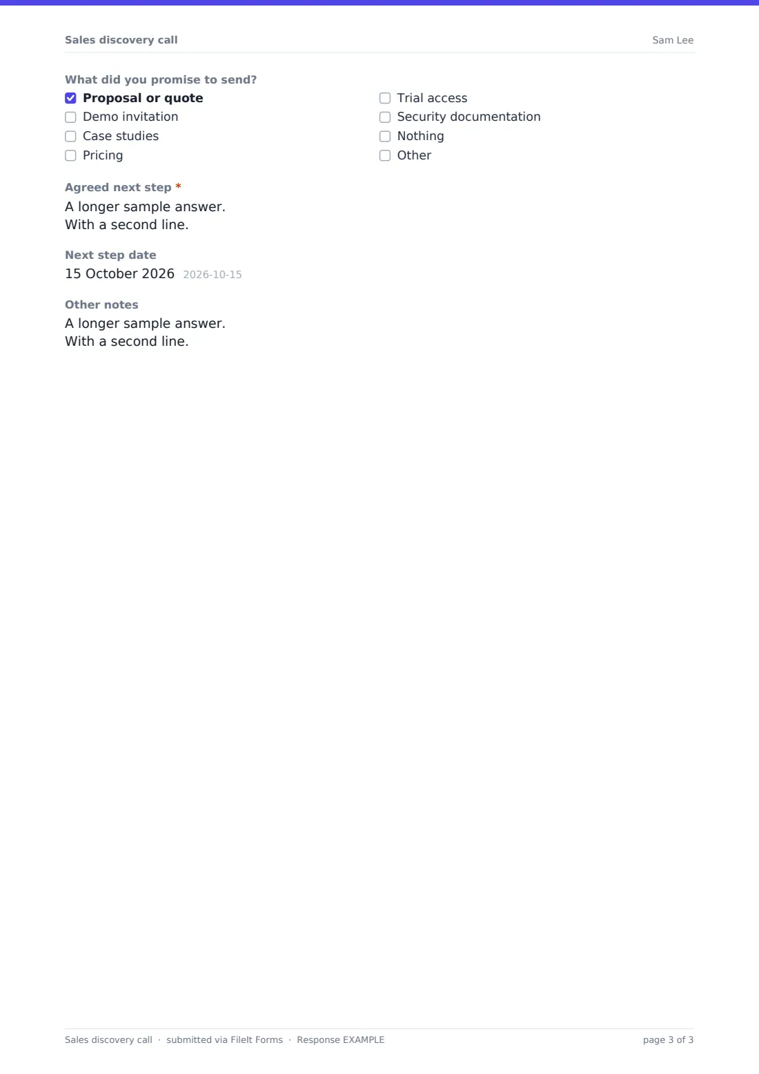 Sales discovery call — example response PDF, page 3 of 3