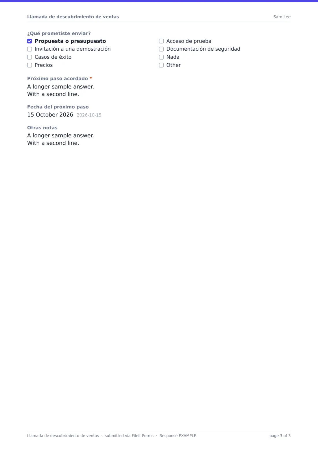 Llamada de descubrimiento de ventas — PDF de respuesta de ejemplo, página 3 de 3