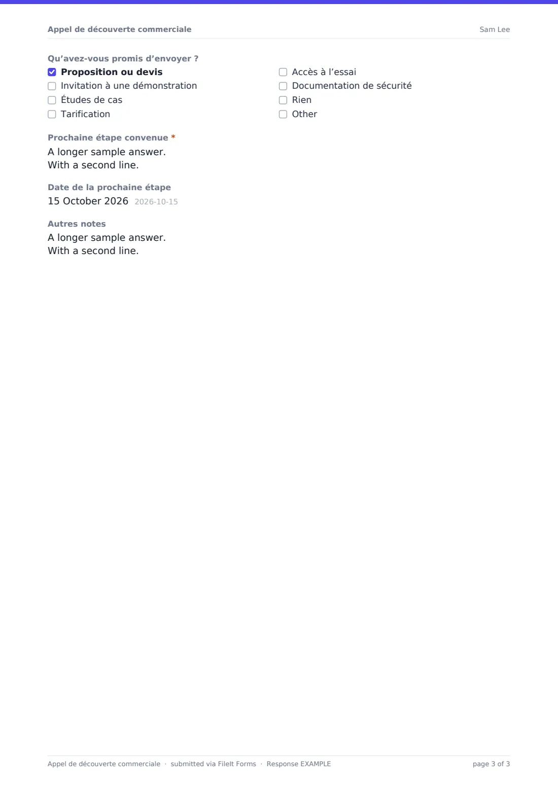 Appel de découverte commerciale — exemple de réponse au format PDF, page 3 sur 3