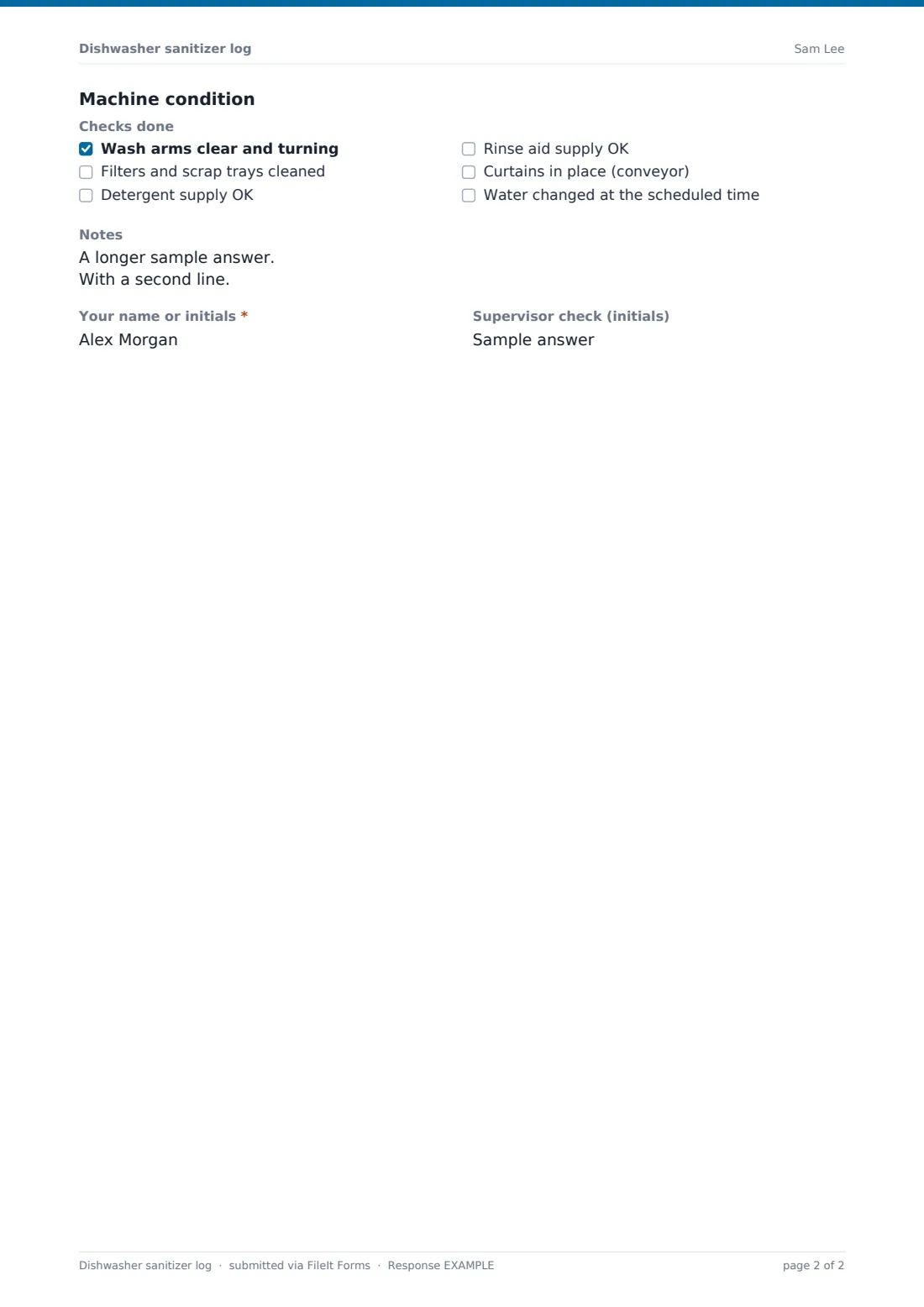 Dishwasher sanitizer log — example response PDF, page 2 of 2