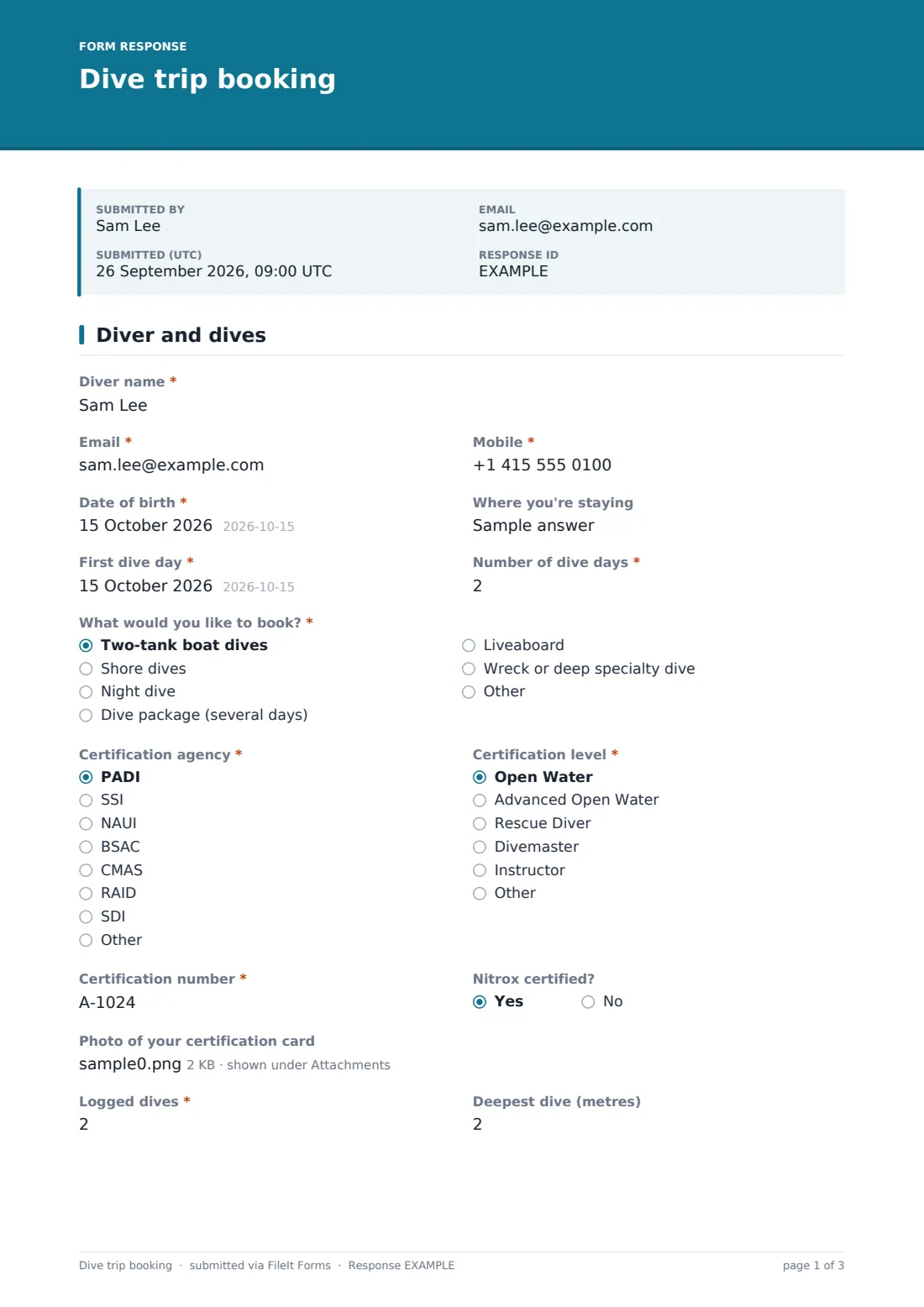 Dive trip booking — example response PDF, page 1 of 3