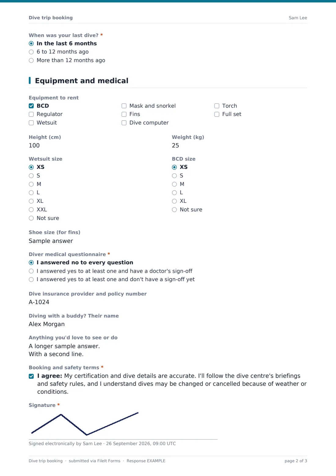 Dive trip booking — example response PDF, page 2 of 3