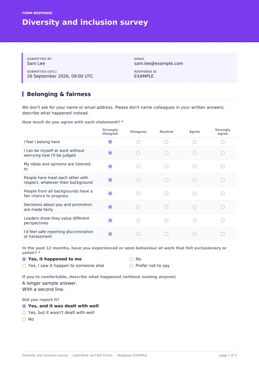 Diversity and inclusion survey — example response PDF, page 1 of 3