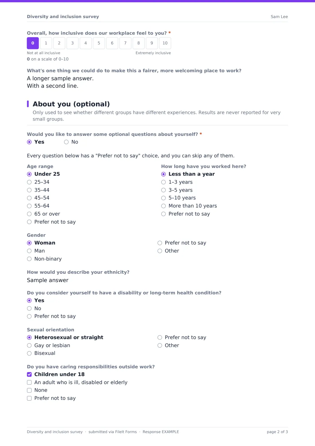 Diversity and inclusion survey — example response PDF, page 2 of 3
