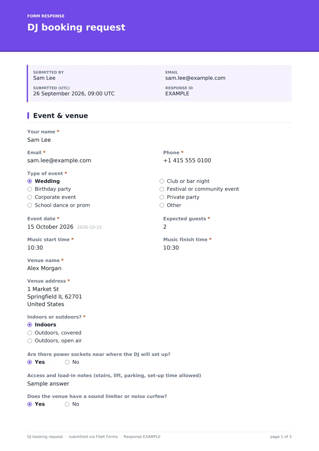 DJ booking request — example response PDF, page 1 of 3