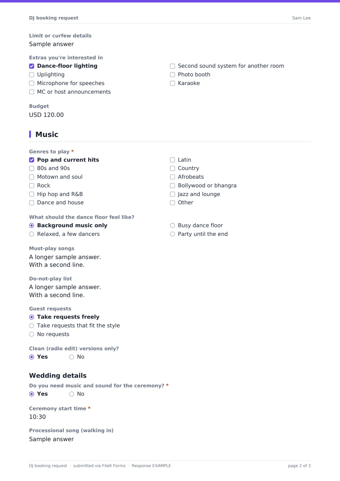 DJ booking request — example response PDF, page 2 of 3
