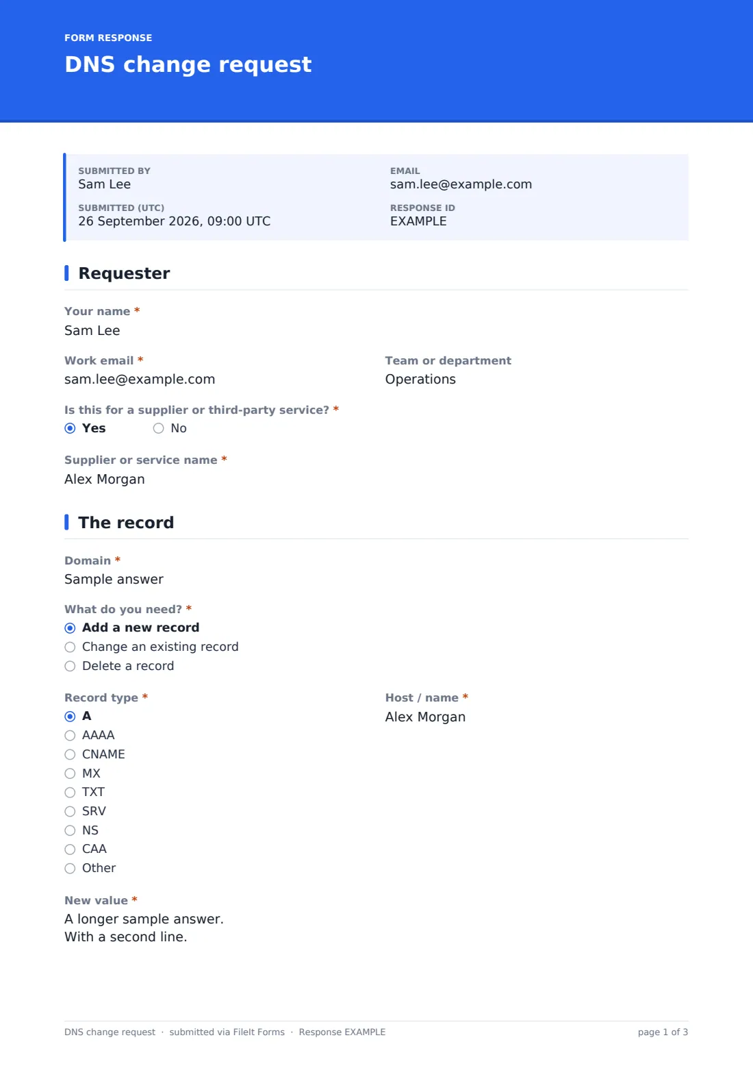 DNS change request — example response PDF, page 1 of 3