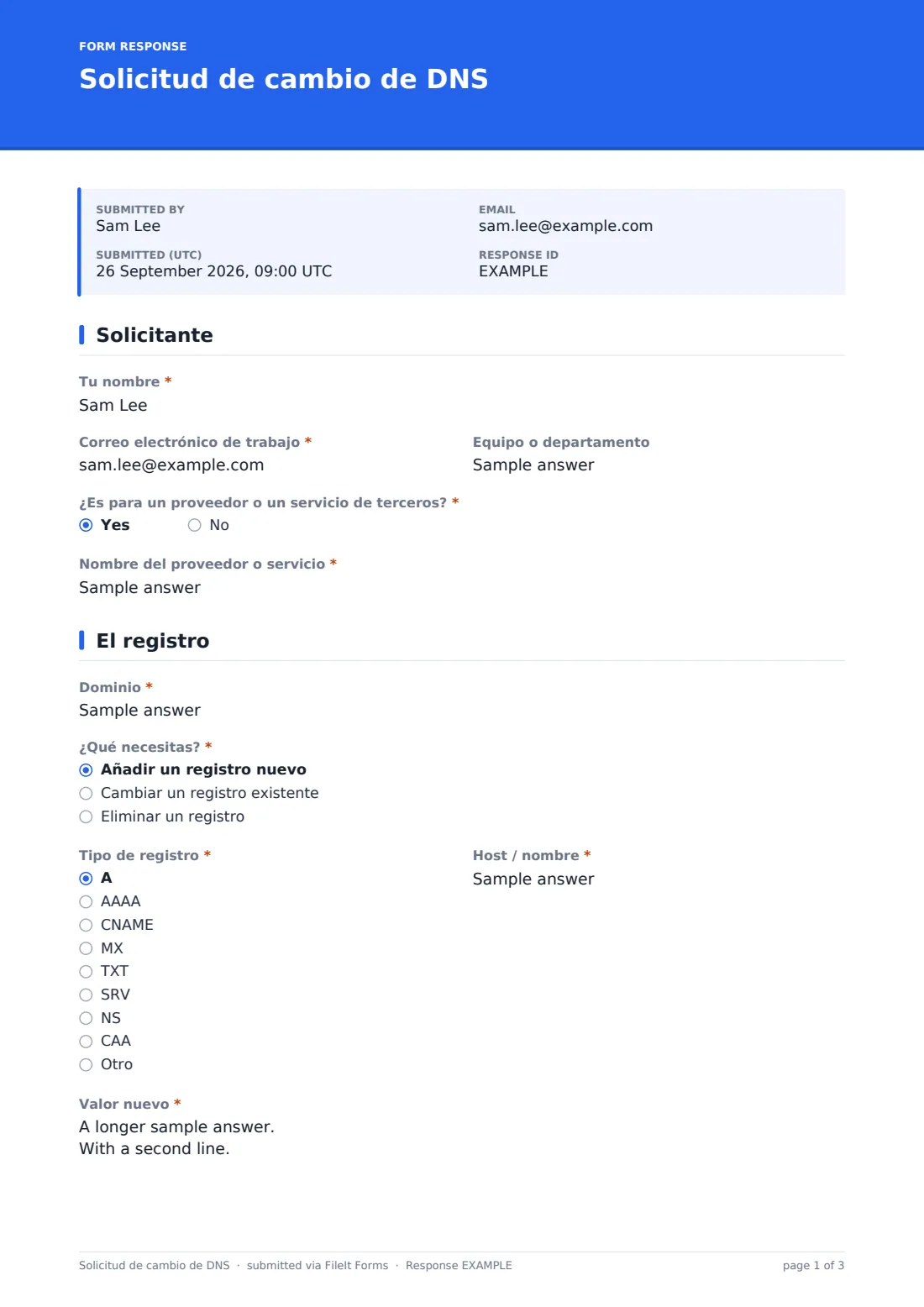 Solicitud de cambio de DNS — PDF de respuesta de ejemplo, página 1 de 3