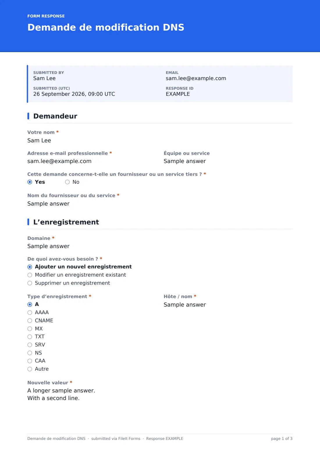 Demande de modification DNS — exemple de réponse au format PDF, page 1 sur 3