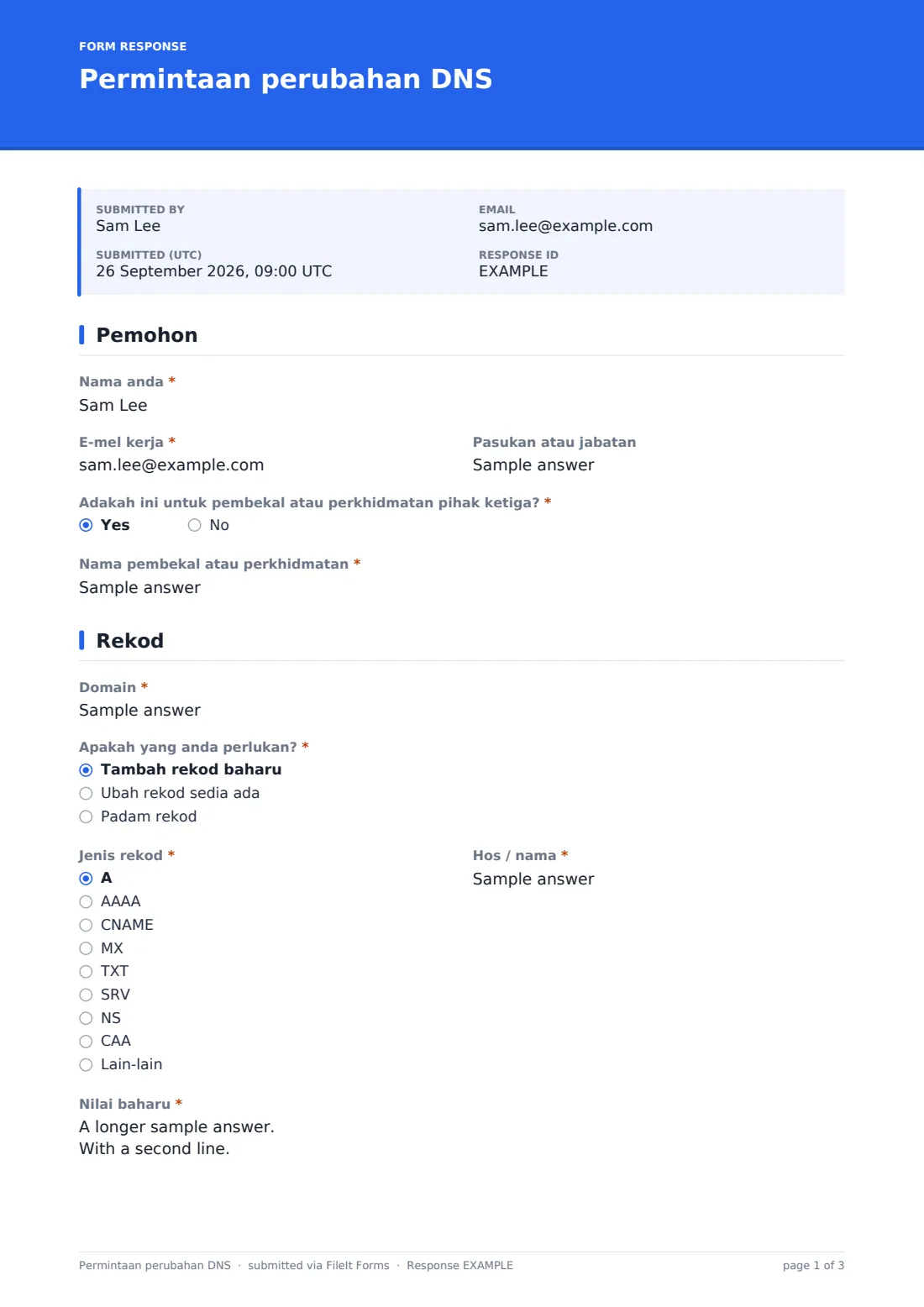 Permintaan perubahan DNS — PDF respons contoh, halaman 1 daripada 3