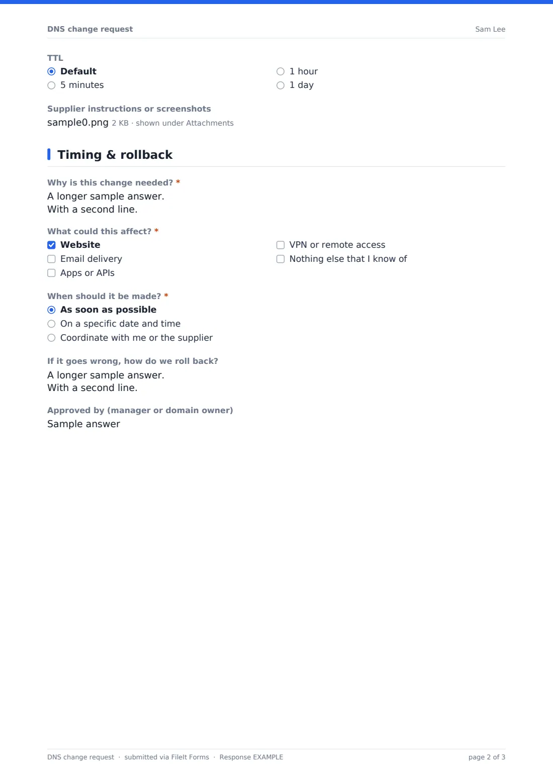 DNS change request — example response PDF, page 2 of 3