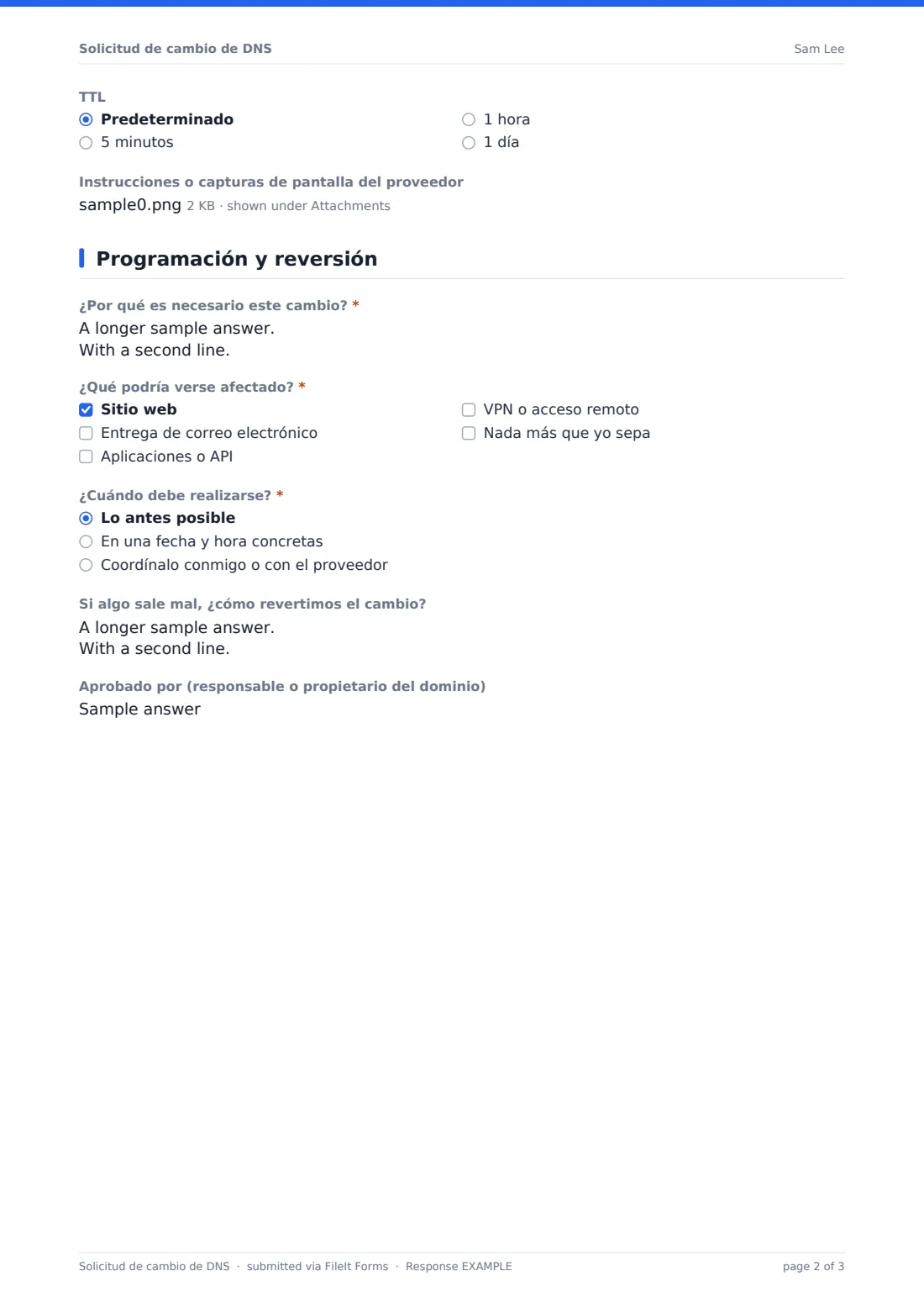 Solicitud de cambio de DNS — PDF de respuesta de ejemplo, página 2 de 3