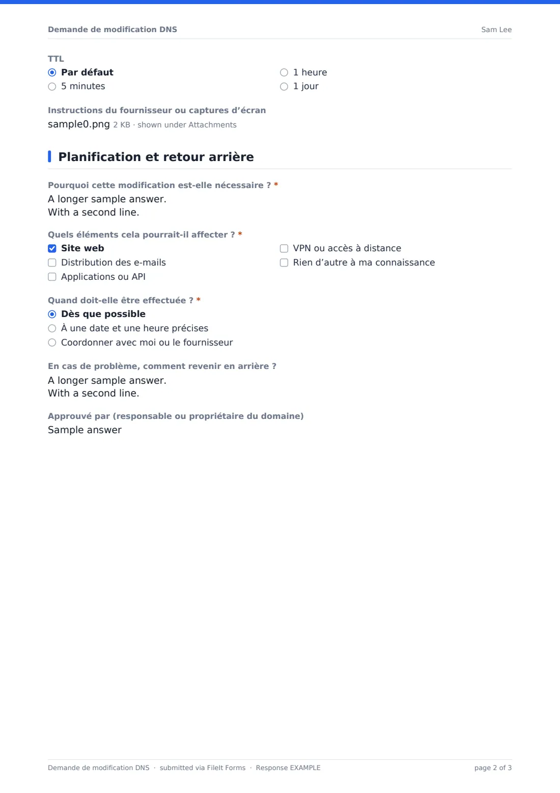 Demande de modification DNS — exemple de réponse au format PDF, page 2 sur 3