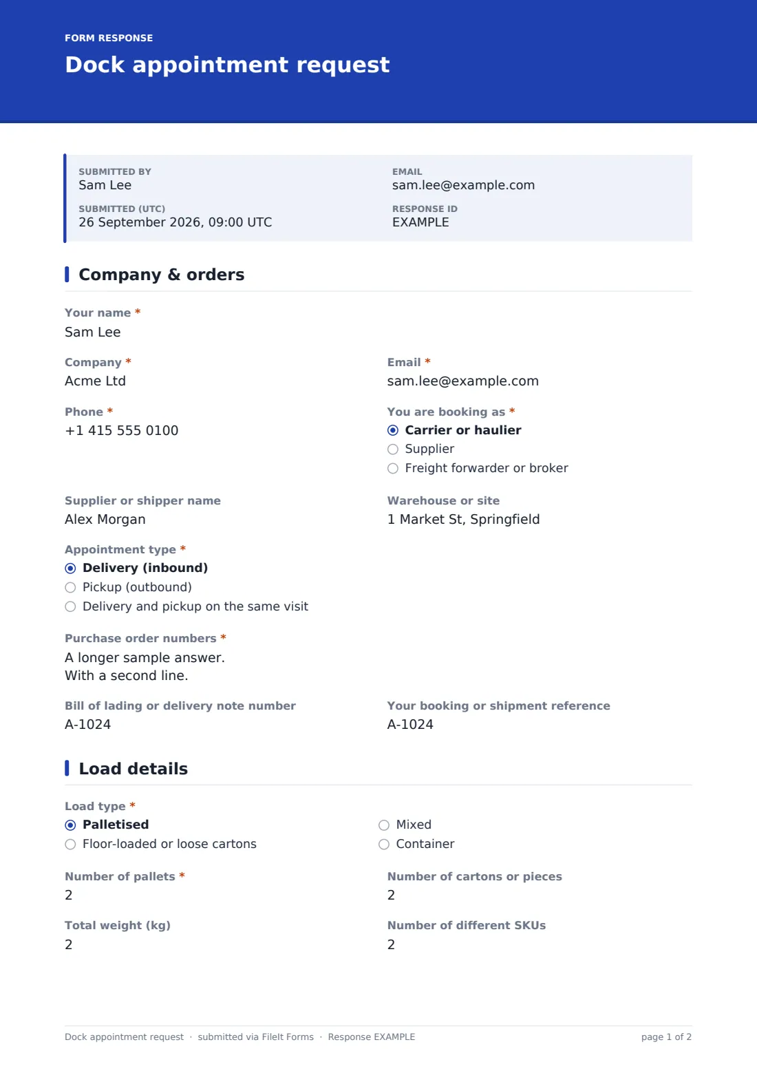 Dock appointment request — example response PDF, page 1 of 2