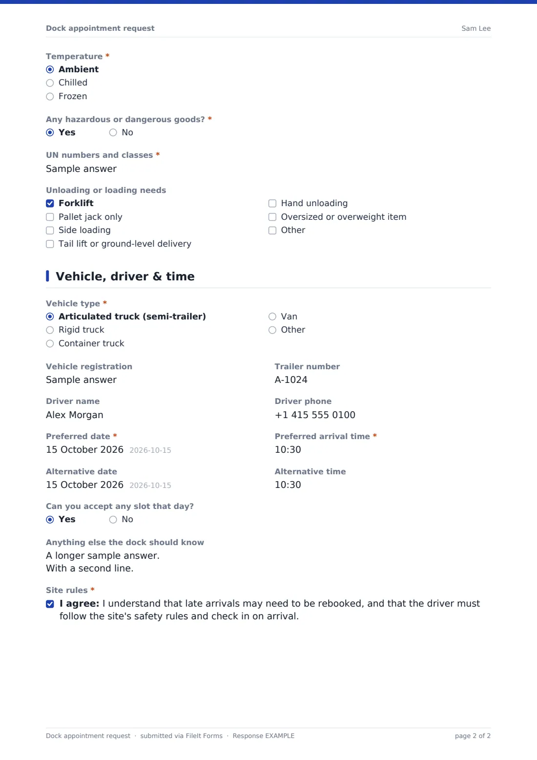 Dock appointment request — example response PDF, page 2 of 2