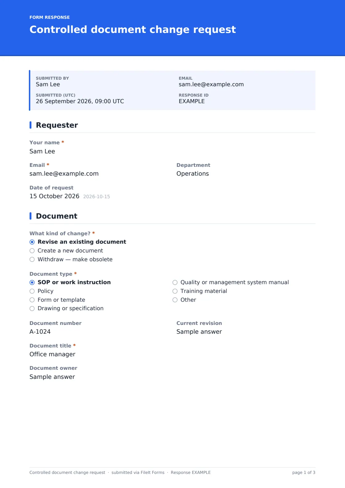 Controlled document change request — example response PDF, page 1 of 3