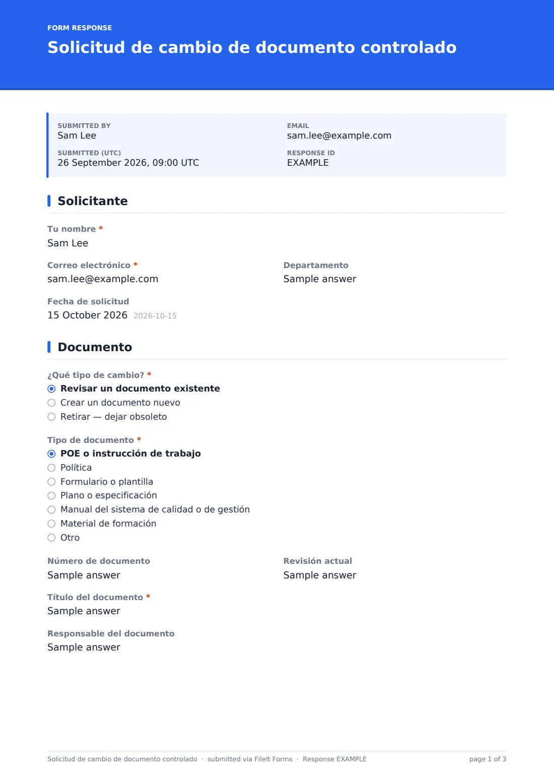 Solicitud de cambio de documento controlado — PDF de respuesta de ejemplo, página 1 de 3