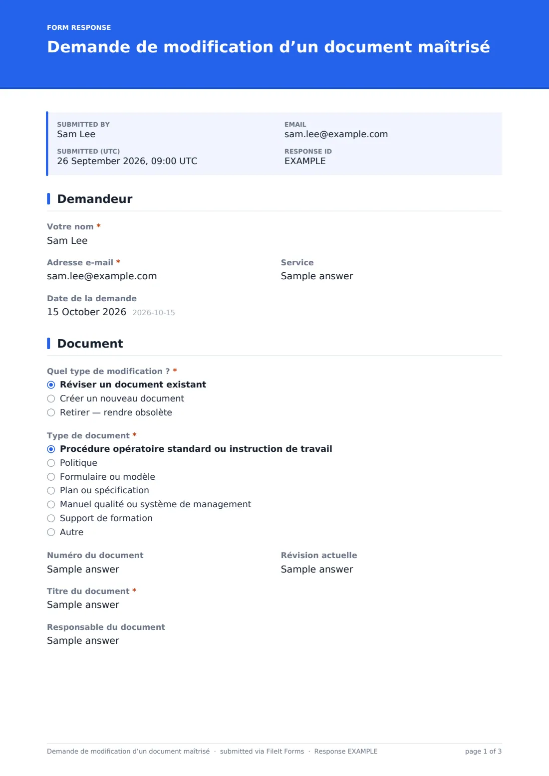Demande de modification d’un document maîtrisé — exemple de réponse au format PDF, page 1 sur 3
