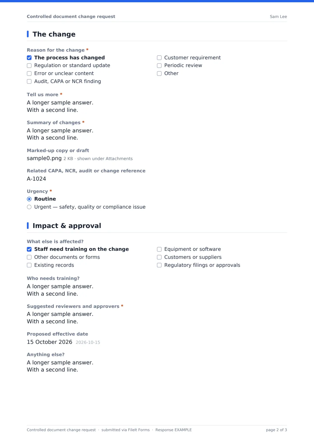 Controlled document change request — example response PDF, page 2 of 3